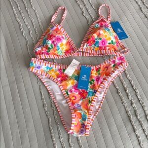 Cupshe women’s Floral Bikini - Pink and Orange Stripes